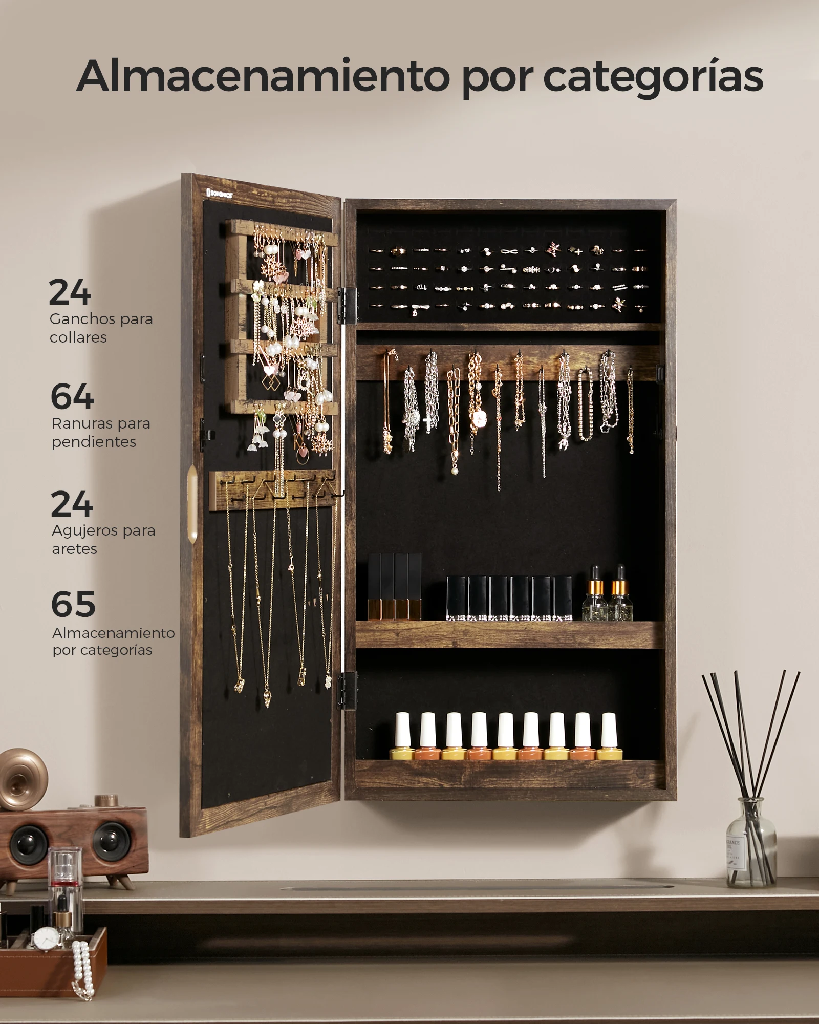 SONGMICS Lockable Jewelry Cabinet Armoire with Mirror, Wall-Mounted Space Saving Jewelry Storage Organizer