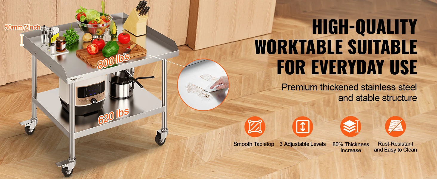 SucceBuy Stainless Steel Work Table Commercial Food Prep Worktable with 4 Wheels Heavy Duty Prep Worktable for Restaurant Home