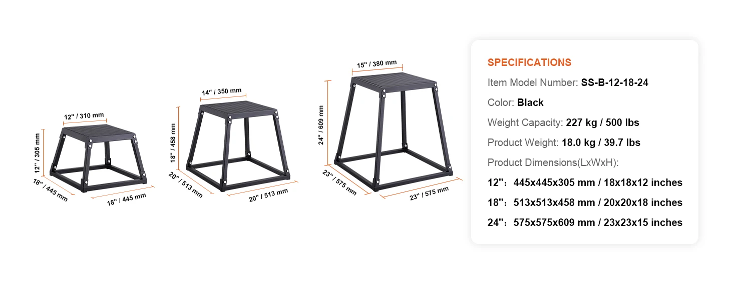 SucceBuy 12/18/24Inch Plyometric Jump Boxes Plyo Box Platform and Jumping Agility Box Anti-Slip Fitness Exercise Step Up Box Set