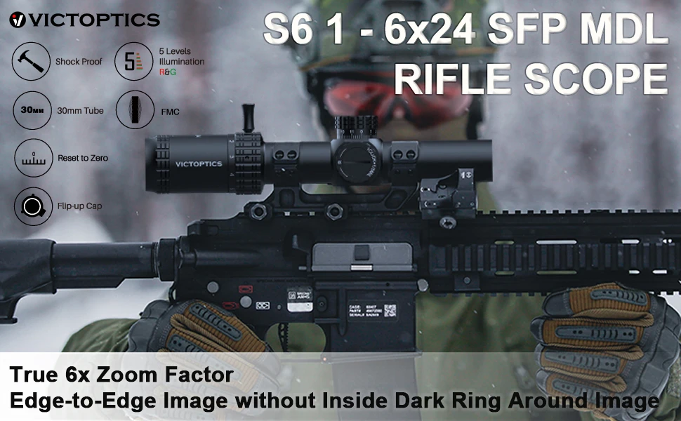 VictOptics S6 1-6x24 SFP Riflescope With Red&Green Illumination Turret lock System Wide Field of View Design For AR 15 .223 5.56