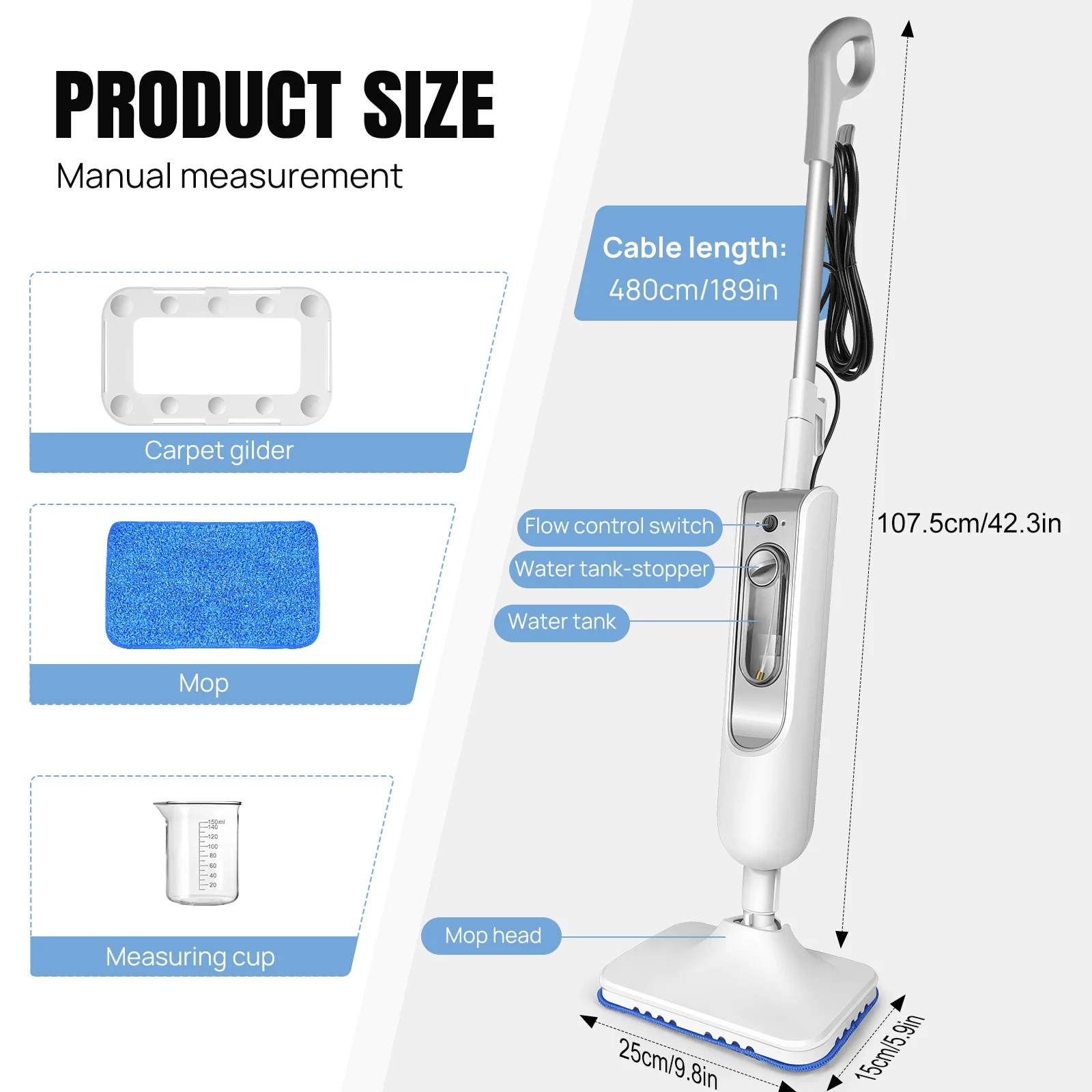 DayPlus Steam Mop & Detachable Steam Cleaner, 1500W Powerful Floor Steamer for Carpet Laminate Hardwood,2 Washable Pads, 400ml