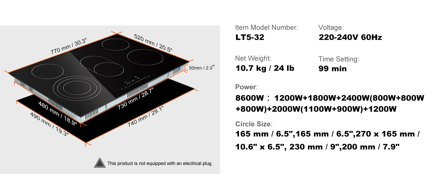 SucceBuy 2/4/5 Burners Built-in Induction Stove Top 12/24/30in Ceramic Glass Electric Cooktop For Household Commercial Cooking