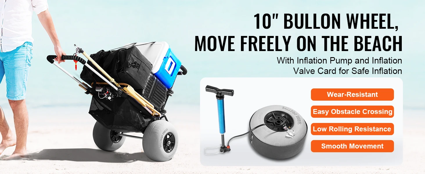 SucceBuy Beach Dolly with Big Wheels for Sand 29.9"x15.4" Cargo Deck w/ 12" Balloon Wheels 165 lbs Folding Sand Cart for Beach