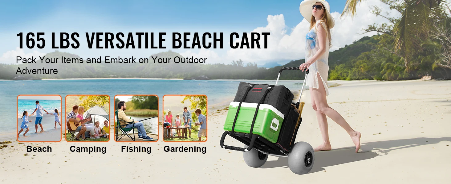 SucceBuy Beach Dolly with Big Wheels for Sand 29.9"x15.4" Cargo Deck w/ 12" Balloon Wheels 165 lbs Folding Sand Cart for Beach