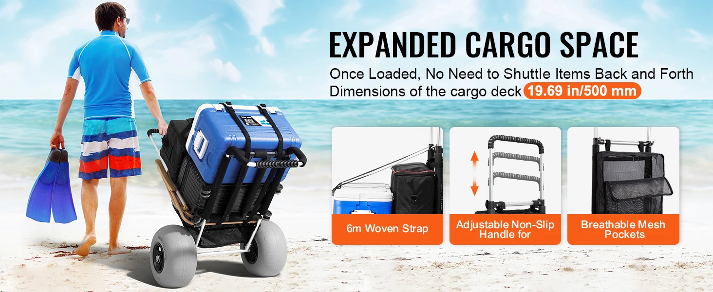 SucceBuy Beach Dolly with Big Wheels for Sand 29.9"x15.4" Cargo Deck w/ 12" Balloon Wheels 165 lbs Folding Sand Cart for Beach