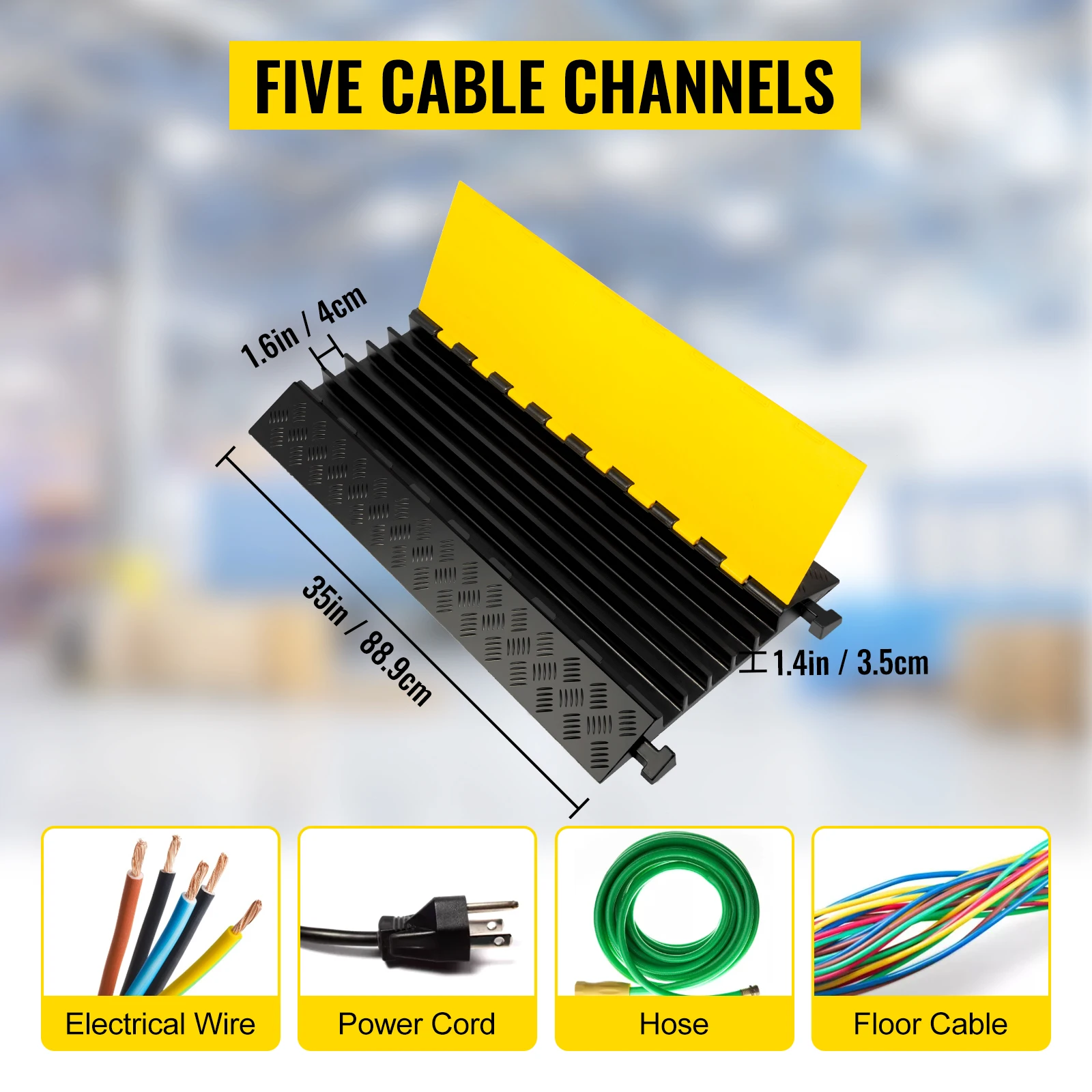 SucceBuy 1 Pack 5 Channels Cable Protectors Ramp Heavy Duty Cable Cover Guard Wire Cord Ramp Driveway Rubber Traffic Speed Bumps