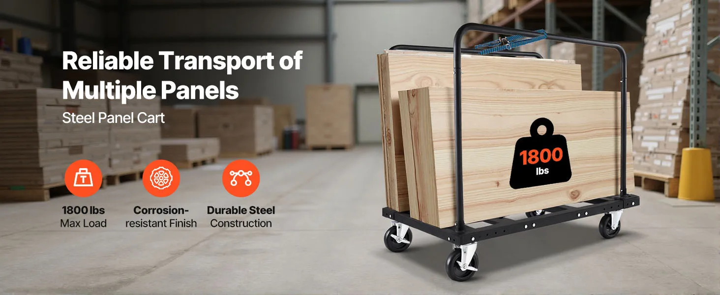 SucceBuy 1800Lbs Drywall Panel Dolly Steel Truck Cart with 5in Swivel Casters & Tie-Down Strap Lumber Cart for Factory Warehouse