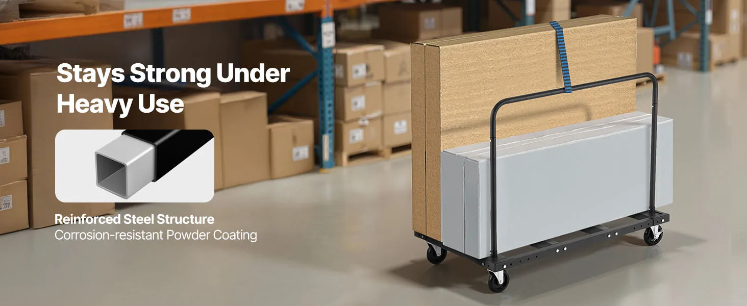 SucceBuy 1800Lbs Drywall Panel Dolly Steel Truck Cart with 5in Swivel Casters & Tie-Down Strap Lumber Cart for Factory Warehouse