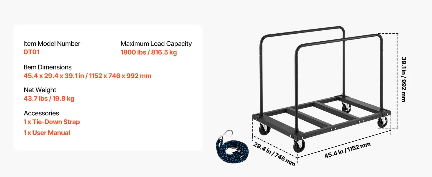 SucceBuy 1800Lbs Drywall Panel Dolly Steel Truck Cart with 5in Swivel Casters & Tie-Down Strap Lumber Cart for Factory Warehouse