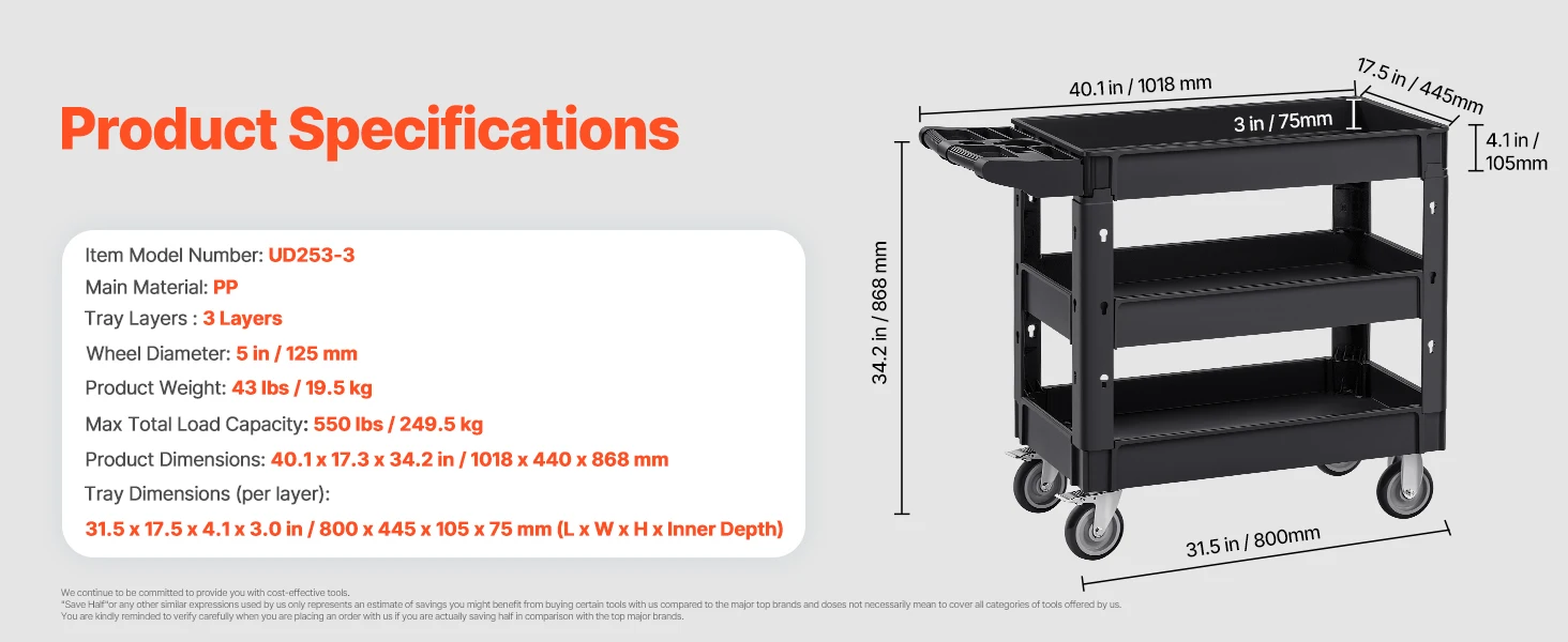 SucceBuy 2/3 Shelf Utility Service Cart Dolly with 360° Swivel Wheels Ergonomic Storage Handle for Warehouse/Garage/Cleaning