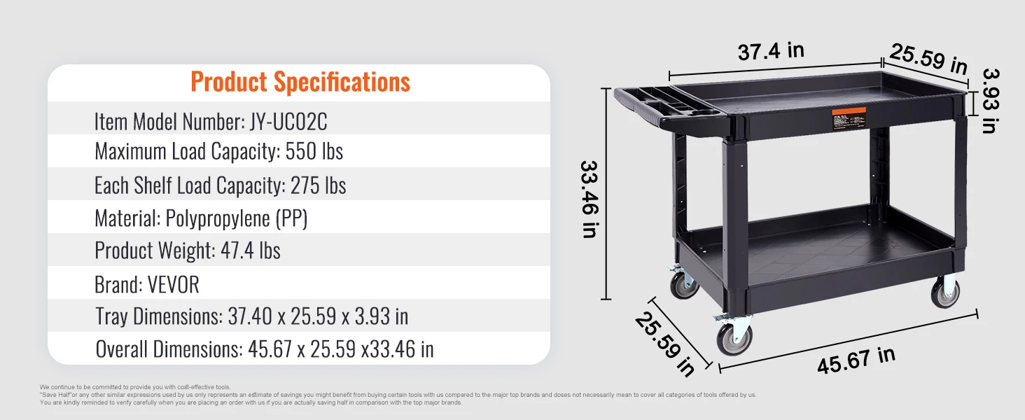 SucceBuy 2/3 Shelf Utility Service Cart Dolly with 360° Swivel Wheels Ergonomic Storage Handle for Warehouse/Garage/Cleaning