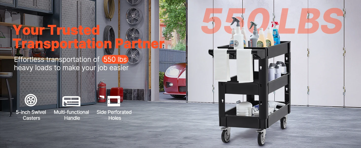 SucceBuy 2/3 Shelf Utility Service Cart Dolly with 360° Swivel Wheels Ergonomic Storage Handle for Warehouse/Garage/Cleaning