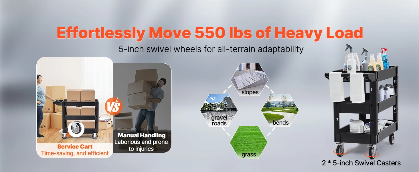 SucceBuy 2/3 Shelf Utility Service Cart Dolly with 360° Swivel Wheels Ergonomic Storage Handle for Warehouse/Garage/Cleaning