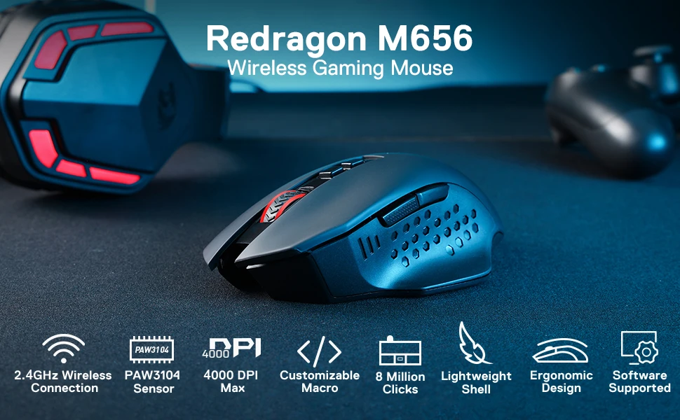 Redragon M656 Gainer Wireless Gaming Mouse, 4000 DPI 2.4Ghz Wireless Gamer Mouse w/ 5 DPI Levels, 7 Macro Buttons, Red LED Backl