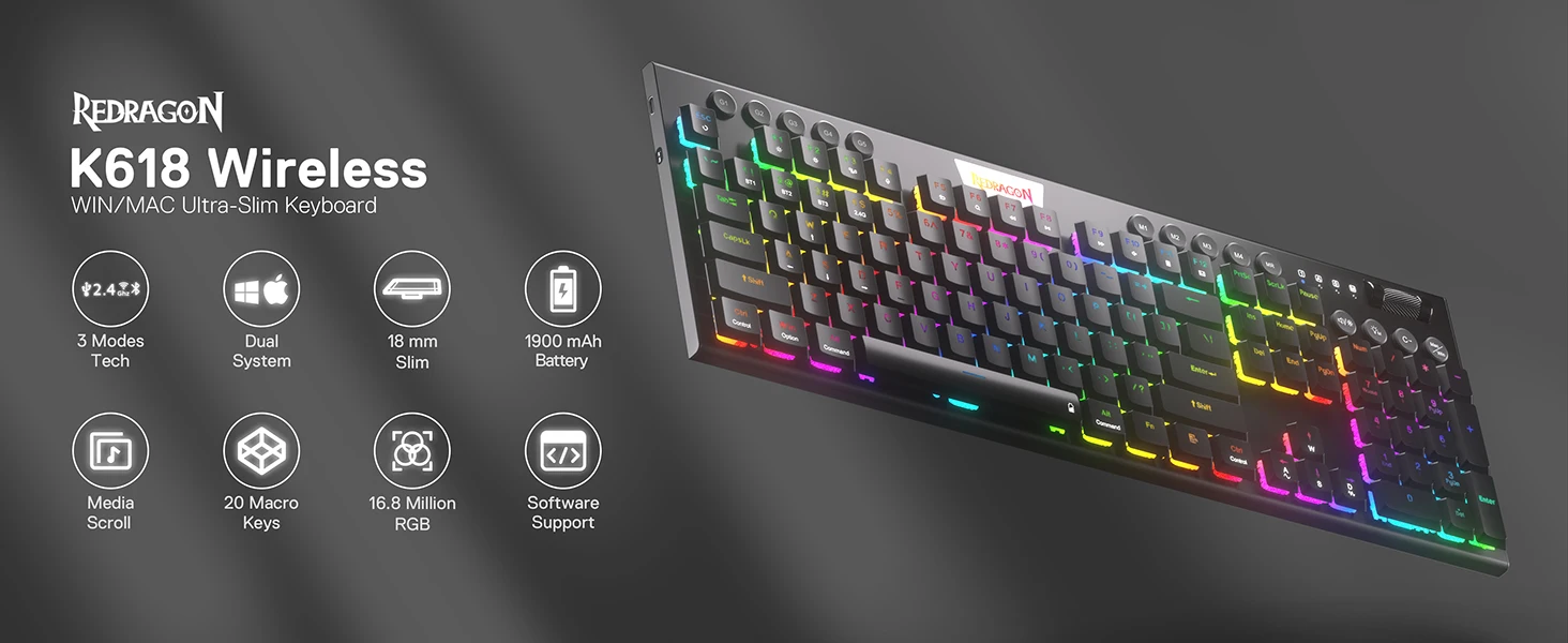 Redragon K618 Horus Wireless RGB Mechanical Keyboard, Bluetooth/2.4Ghz/Wired Tri-Mode Low Profile Gaming Keyboards