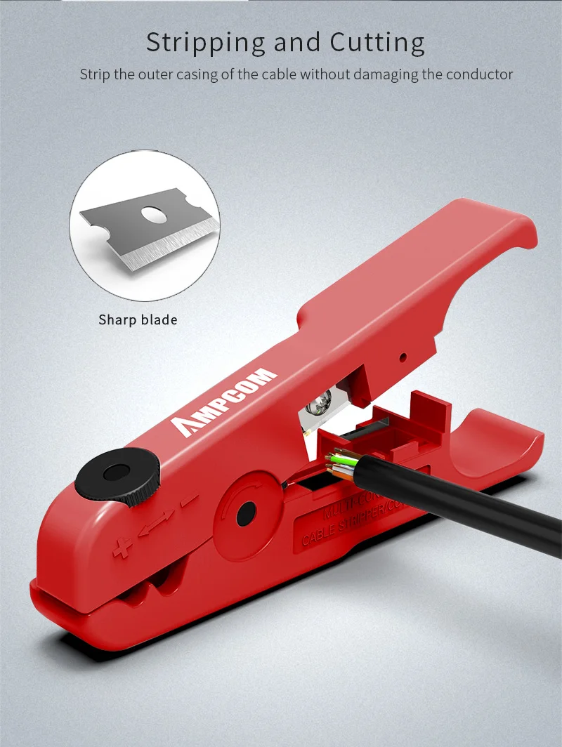 AMPCOM Wire Stripper Ethernet Cable Cutter Round Cable Cutting Tool Lan Cable Stripping Tool for CAT7 CAT6 CAT5E CAT5 Round Wire