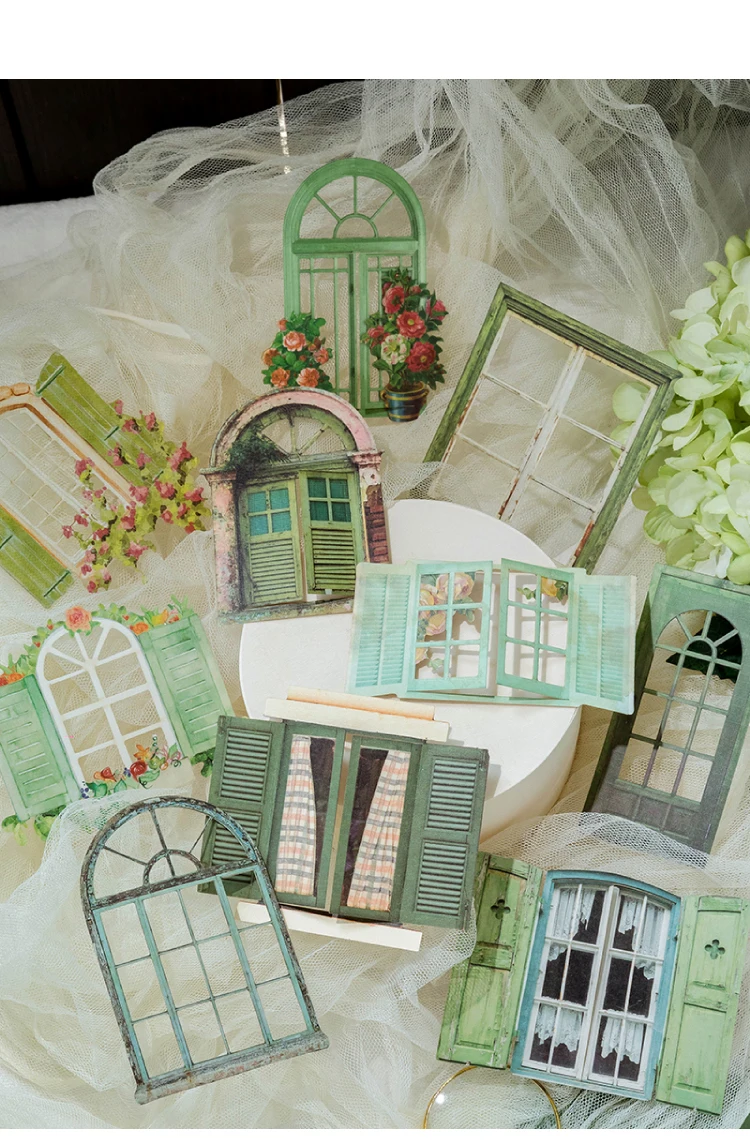 10 Sheets Vintage Hollow Door Window Sticker Diy Diary Decoration Plant Flower INS Sticker Album Scrapbooking Kawaii Stationery