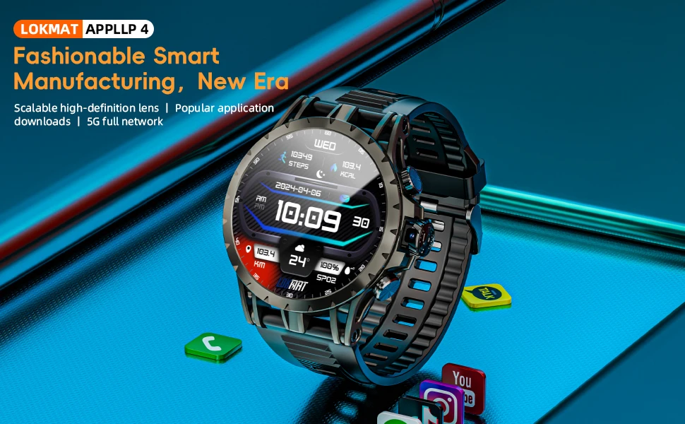 LOKMAT APPLLP 4 Android Smart Watch Phone AMOLED Screen Rotating Camera 4G Phone Calls Watch Wifi Video Calls Fitness Tracker