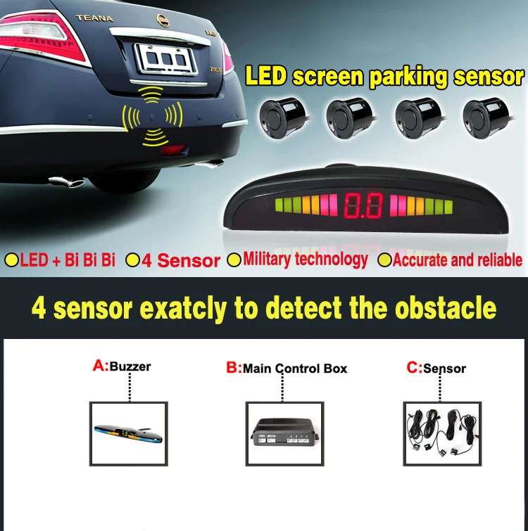 New LED Parking Sensor System Backlight Parktronic Monitor Display Kit Backup Detector Assistant 4 Probes