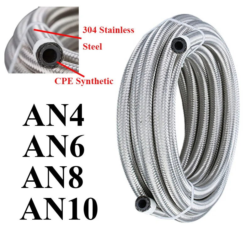 1M-6M AN4 AN6 AN8 AN10 AN12 Universal Car Fuel Hose Oil Gas Cooler Hose Line Pipe Tube Stainless Steel Braided Inside CPE Rubber