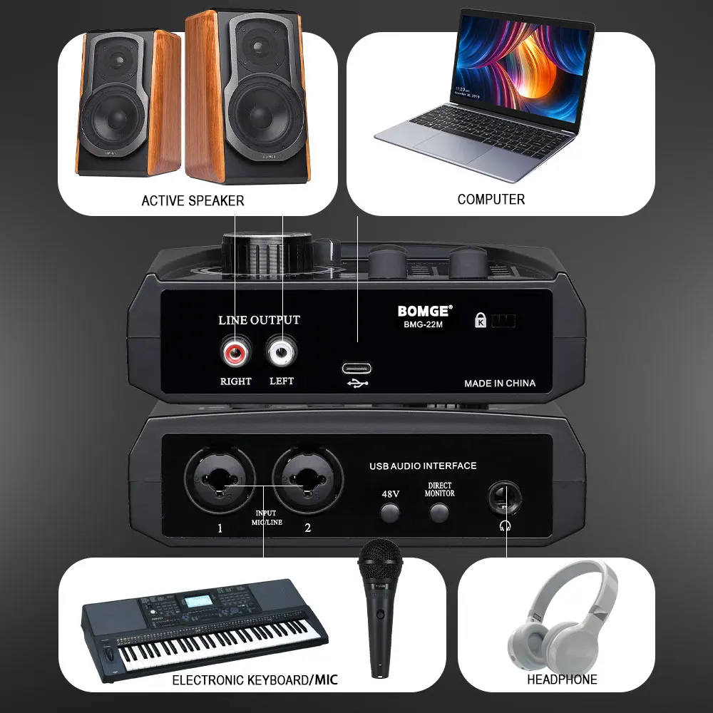 BOMGE Mini 2 Channel USB Audio Interface Sound Card Recording Streaming and Podcasting with XLR/48V Phantom Power for Guitarist