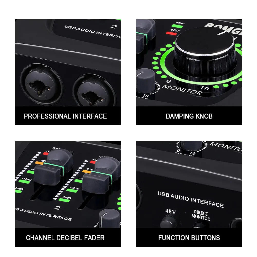 BOMGE Mini 2 Channel USB Audio Interface Sound Card Recording Streaming and Podcasting with XLR/48V Phantom Power for Guitarist