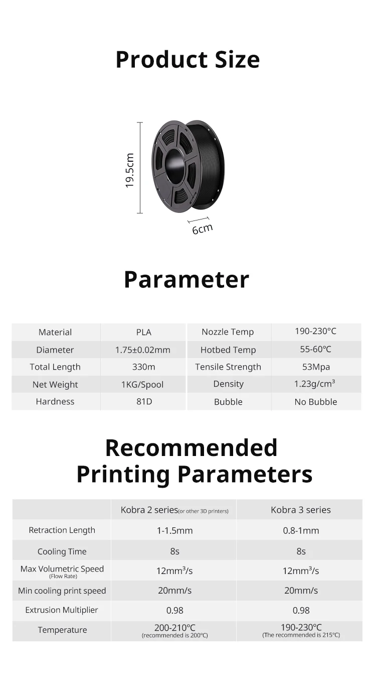 10Kg/lot ANYCUBIC 1.75mm Plastic PLA Filament For FDM 3D Printer Consumables 3D Printing Material For Kobra 2 Neo Max
