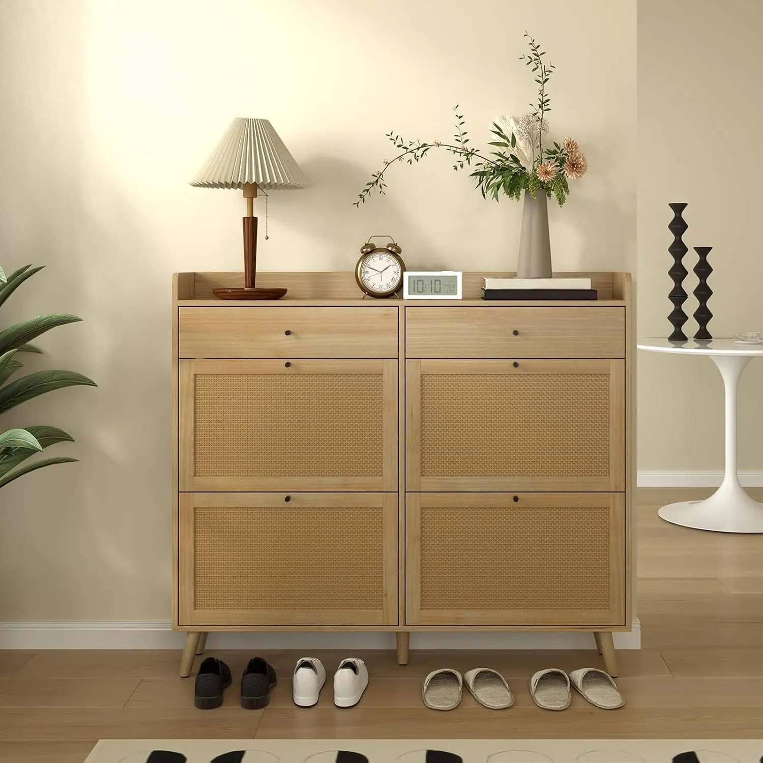 Rattan Shoe Cabinet Storage for Entryway Shoe Organizer Cabinet with 4 Flip Drawers and 2 Slide Drawers Shoe Storage Cabinet