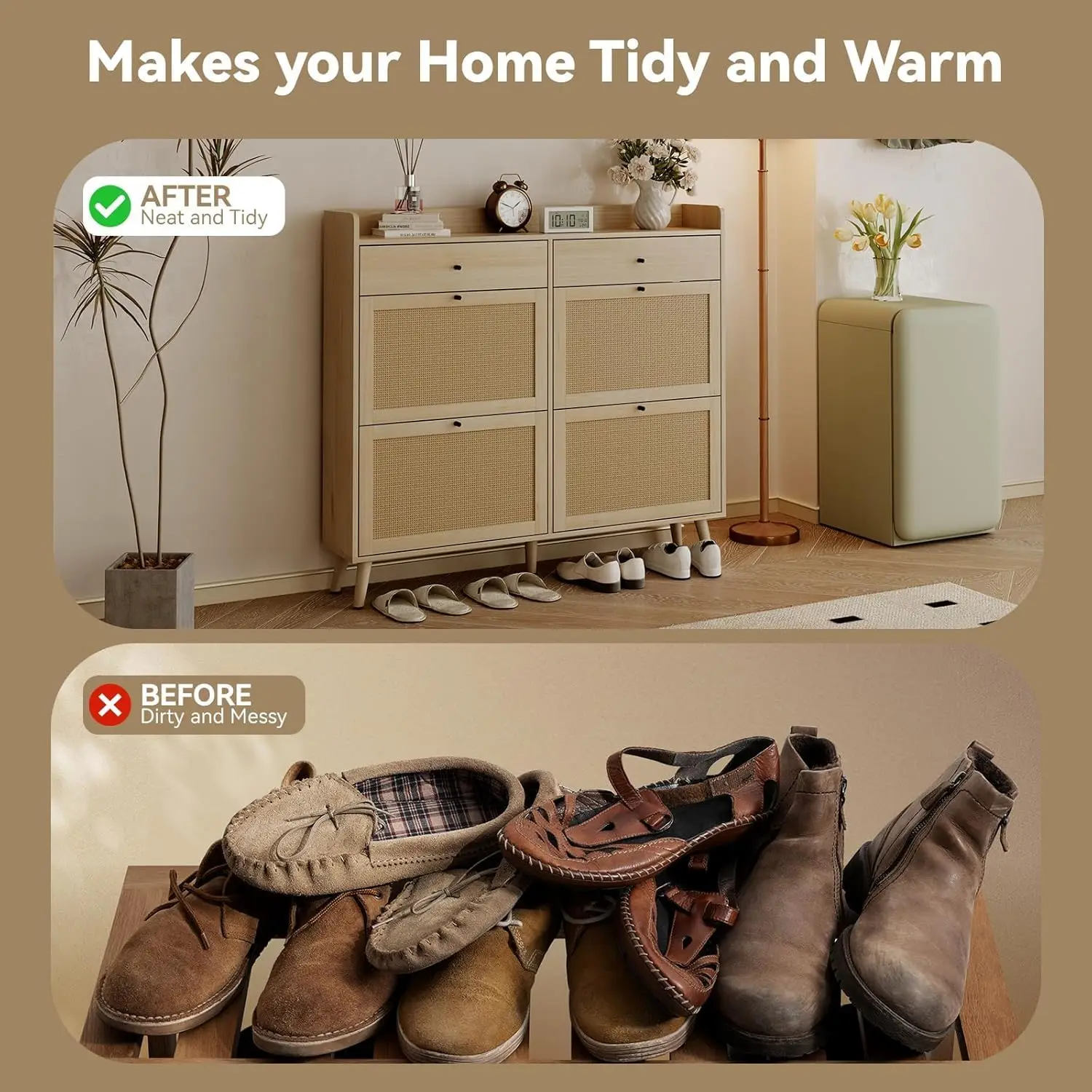 Rattan Shoe Cabinet Storage for Entryway Shoe Organizer Cabinet with 4 Flip Drawers and 2 Slide Drawers Shoe Storage Cabinet
