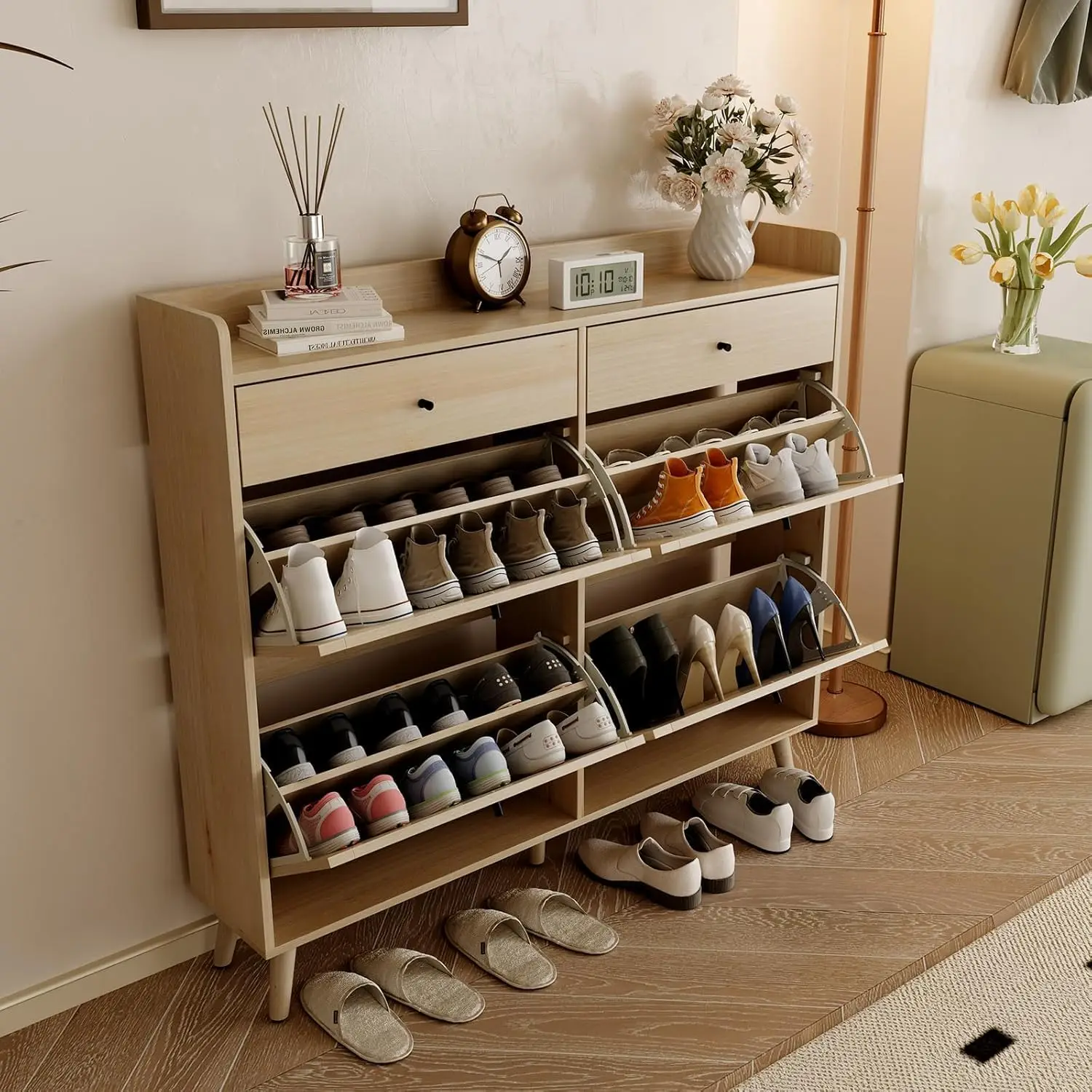 Rattan Shoe Cabinet Storage for Entryway Shoe Organizer Cabinet with 4 Flip Drawers and 2 Slide Drawers Shoe Storage Cabinet