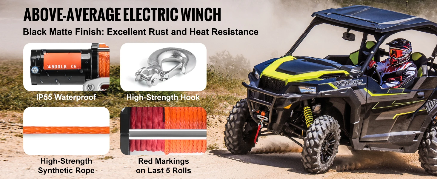 SucceBuy 4500lbs ATV/UTV Electric Winch 12V with 39ft Synthetic Rope Wireless & Wired Remote Control IP55 Waterproof for Jeeps