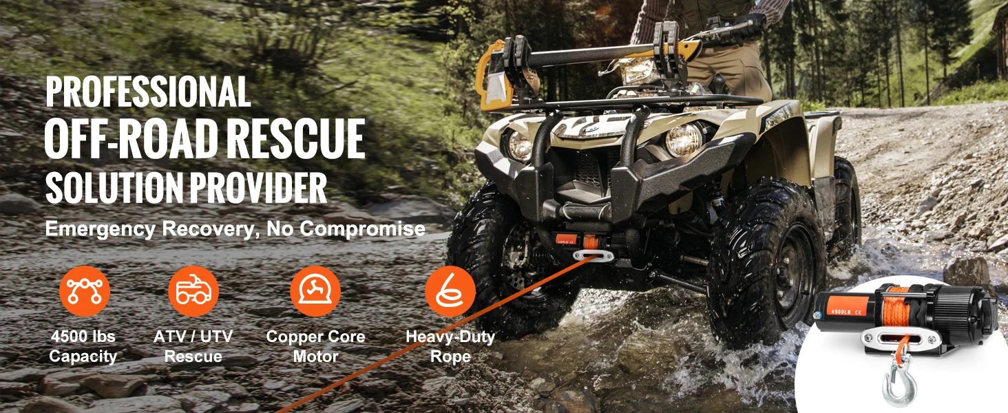 SucceBuy 4500lbs ATV/UTV Electric Winch 12V with 39ft Synthetic Rope Wireless & Wired Remote Control IP55 Waterproof for Jeeps