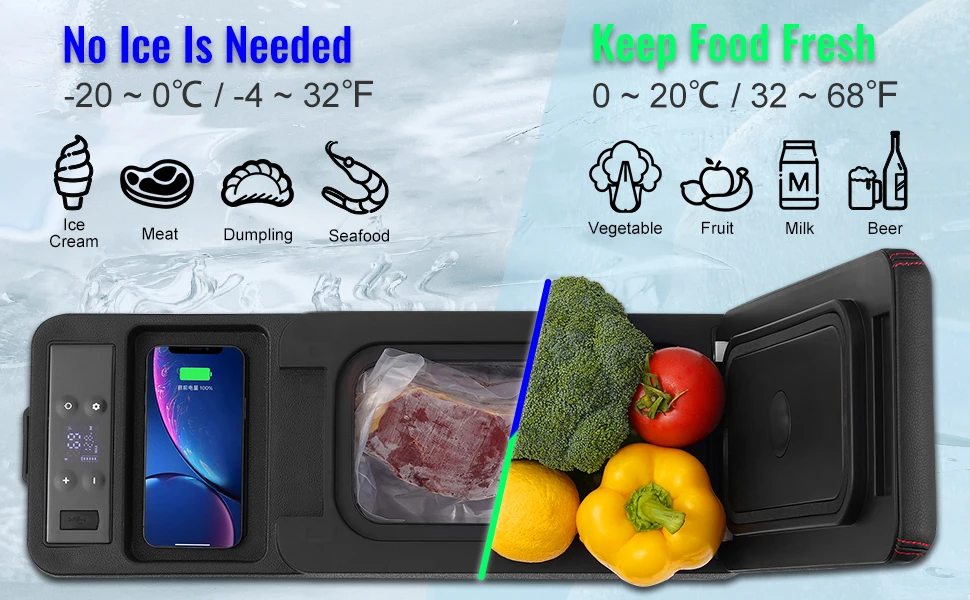SucceBuy 8L Car RefrigeratorCar Armrest Refrigerator Fridge 8L Single Zone Freezer -4℉-68℉ Adjustable Range 12/24V DC and Cooler