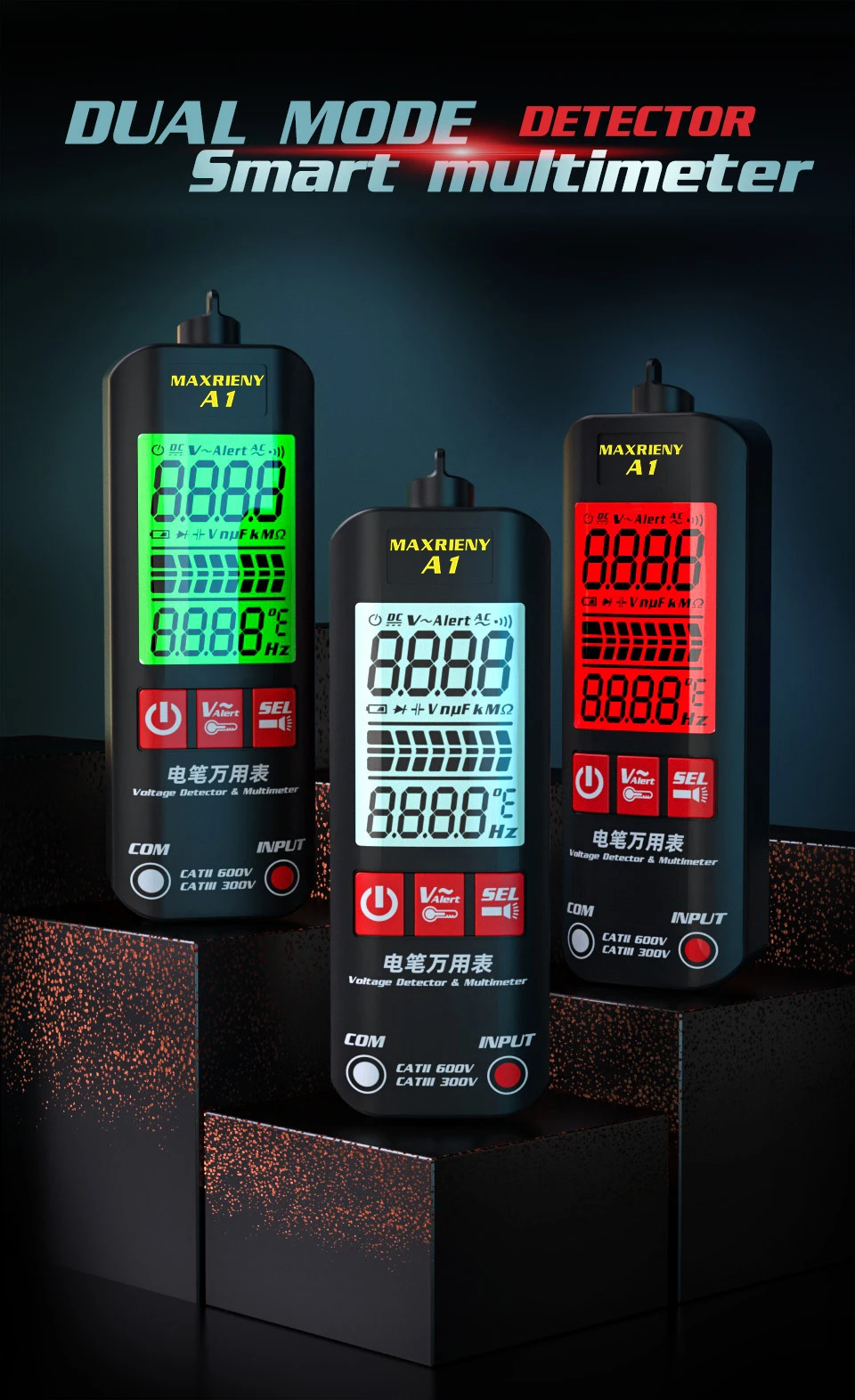 A1 Voltage Tester Smart Digital Multimeter Non-Contact Electrician Pen Detector Voltmeter Ac Live Wire Test Ohm Hz NCV Meter