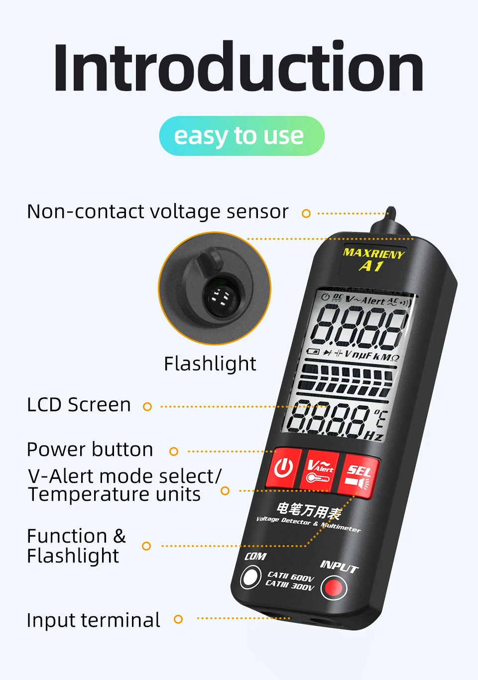 A1 Voltage Tester Smart Digital Multimeter Non-Contact Electrician Pen Detector Voltmeter Ac Live Wire Test Ohm Hz NCV Meter