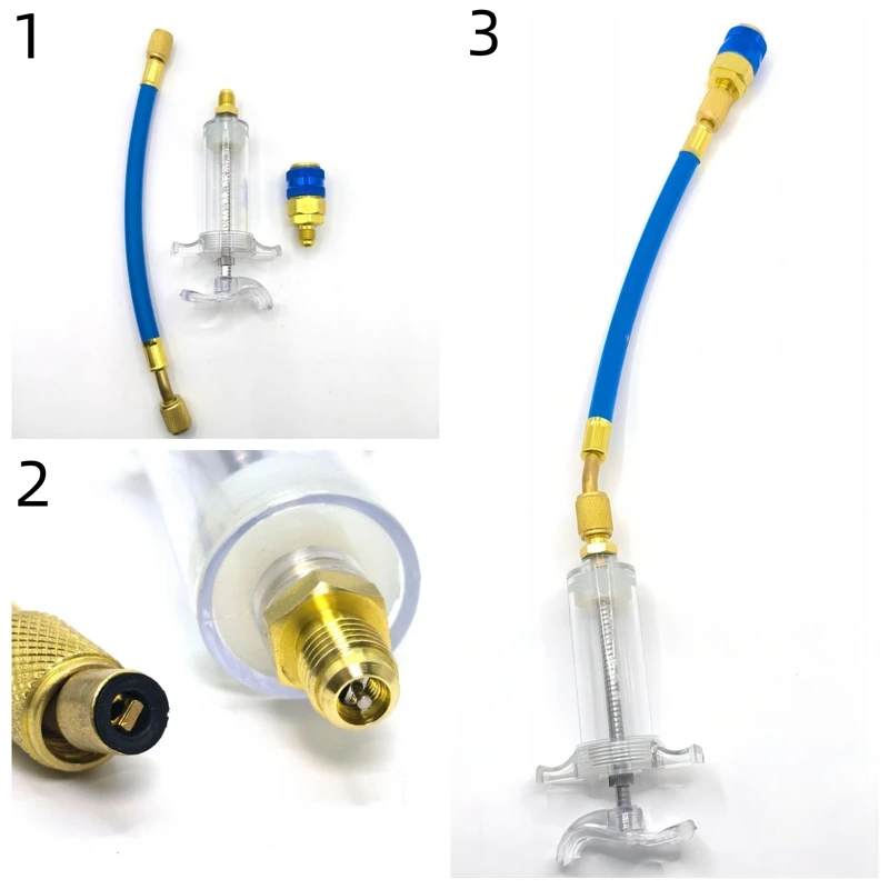 Auto A/C Oil/Dye Injector 1Oz with 134a Low Side Quick Coupler Adapter 1/4 Air Conditioning Repair Tools Manual Oiler Injection