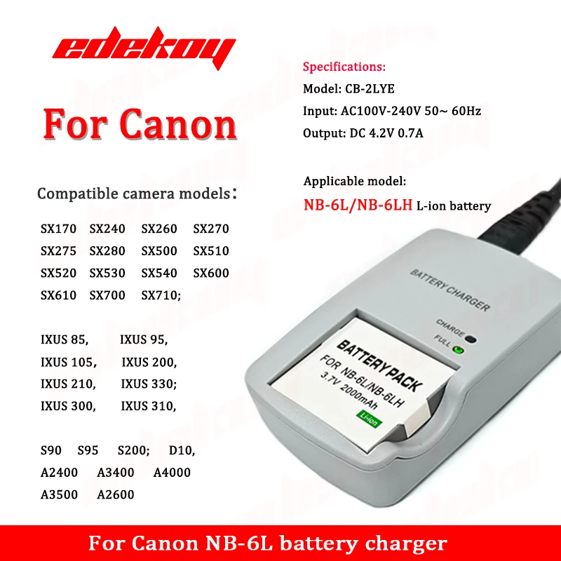 CB-2LY CB-2LYE Charger for Canon Batteries NB-6L NB-6LH PowerShot D10 D20 D30 S90 S95 S120 S200 SD770 Is SD980 SD120 S200 SD770