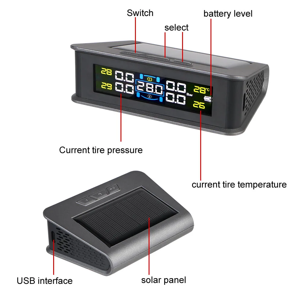 Tire Pressure Monitoring System Temperature Warning New C External Battery Version Sensors Solar TPMS Car Tyre Pressure Monitor