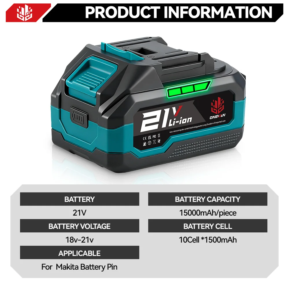 ONEVAN 15000mAh 22500mAh Rechargeable Lithium Ion Battery With Battery Indicator Wrench Power Tool For Makita 18V Battery Pin