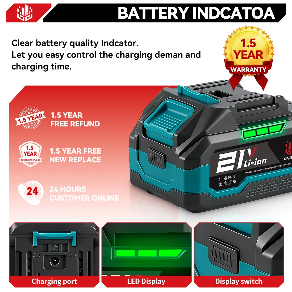 ONEVAN 15000mAh 22500mAh Rechargeable Lithium Ion Battery With Battery Indicator Wrench Power Tool For Makita 18V Battery Pin