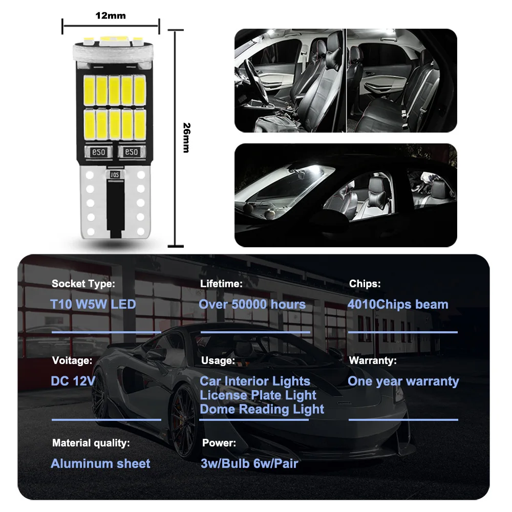 10pcs T10 Led Canbus No Error Car Interior Light T10 26 SMD 4014 Chip Car Interior Dome Reading License Plate Light Signal Lamp