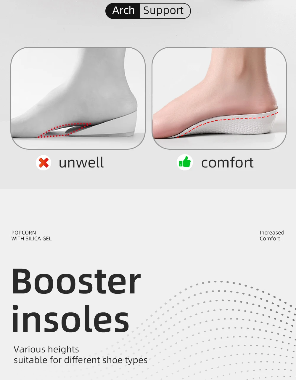 Arch Support Height Increase Insoles Half Pads Orthopedic Breathable Memory Foam 7 Points Lifts Shoe Pads Flat Feet Support