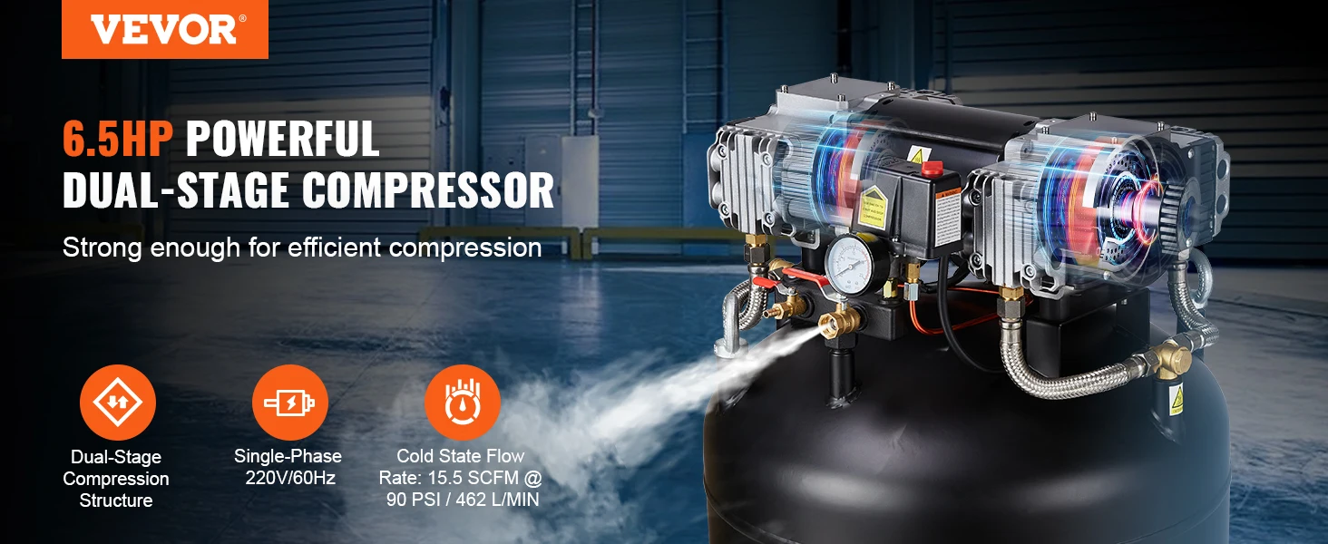 SucceBuy 80 Gallon Air Compressor 6.5HP 145PSI Oil Free Air Compressor Ultra Quiet Compressor for Industrial Sites Auto Repair
