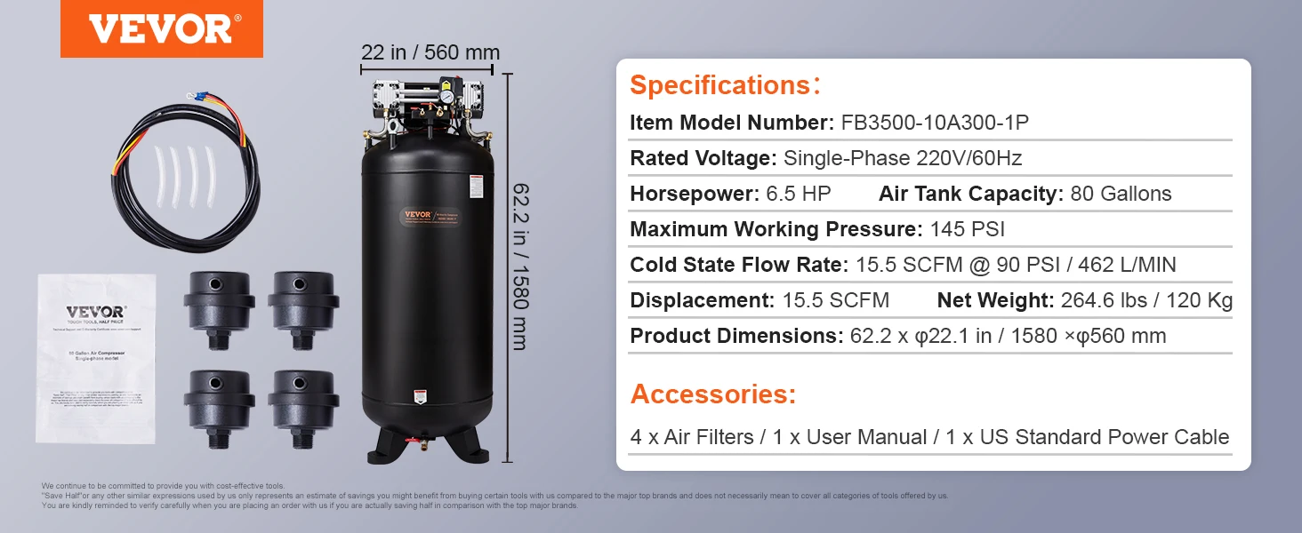 SucceBuy 80 Gallon Air Compressor 6.5HP 145PSI Oil Free Air Compressor Ultra Quiet Compressor for Industrial Sites Auto Repair