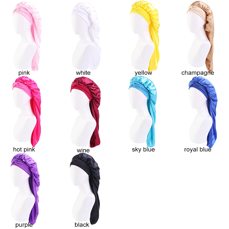 New Women long Oversized elastic satin Bonnet Sleeping Cap with Ribbon Breathable sleeping cap turban sleep Headwear Bandanas