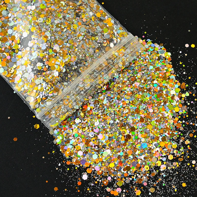 50G Holographic Mixed Hexagon Chunky Glitter Laser Sparkly Iridescent Nail Art Glitter Resin Slice Flake Sequins Nail Decoration