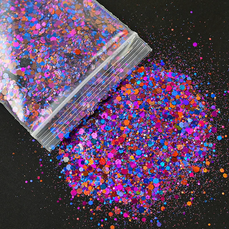 50G Holographic Mixed Hexagon Chunky Glitter Laser Sparkly Iridescent Nail Art Glitter Resin Slice Flake Sequins Nail Decoration