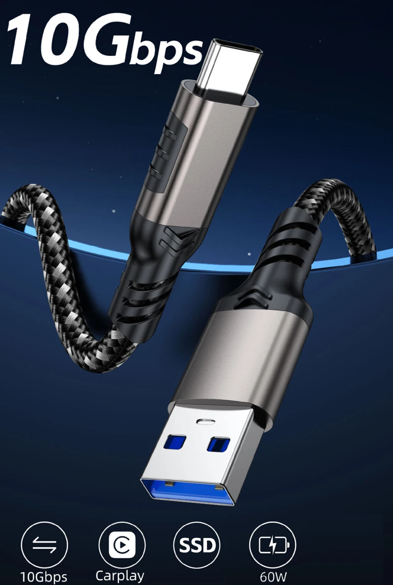 USB3.2 10Gbps USB Type C Cable USB A to C 3A 60W QC3.0 Fast Charging for Samsung NVMe Hard Disk External Android Data Braid 2M