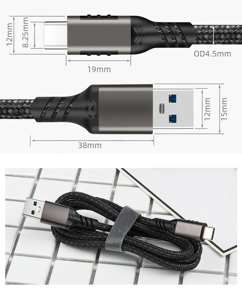 USB3.2 10Gbps USB Type C Cable USB A to C 3A 60W QC3.0 Fast Charging for Samsung NVMe Hard Disk External Android Data Braid 2M