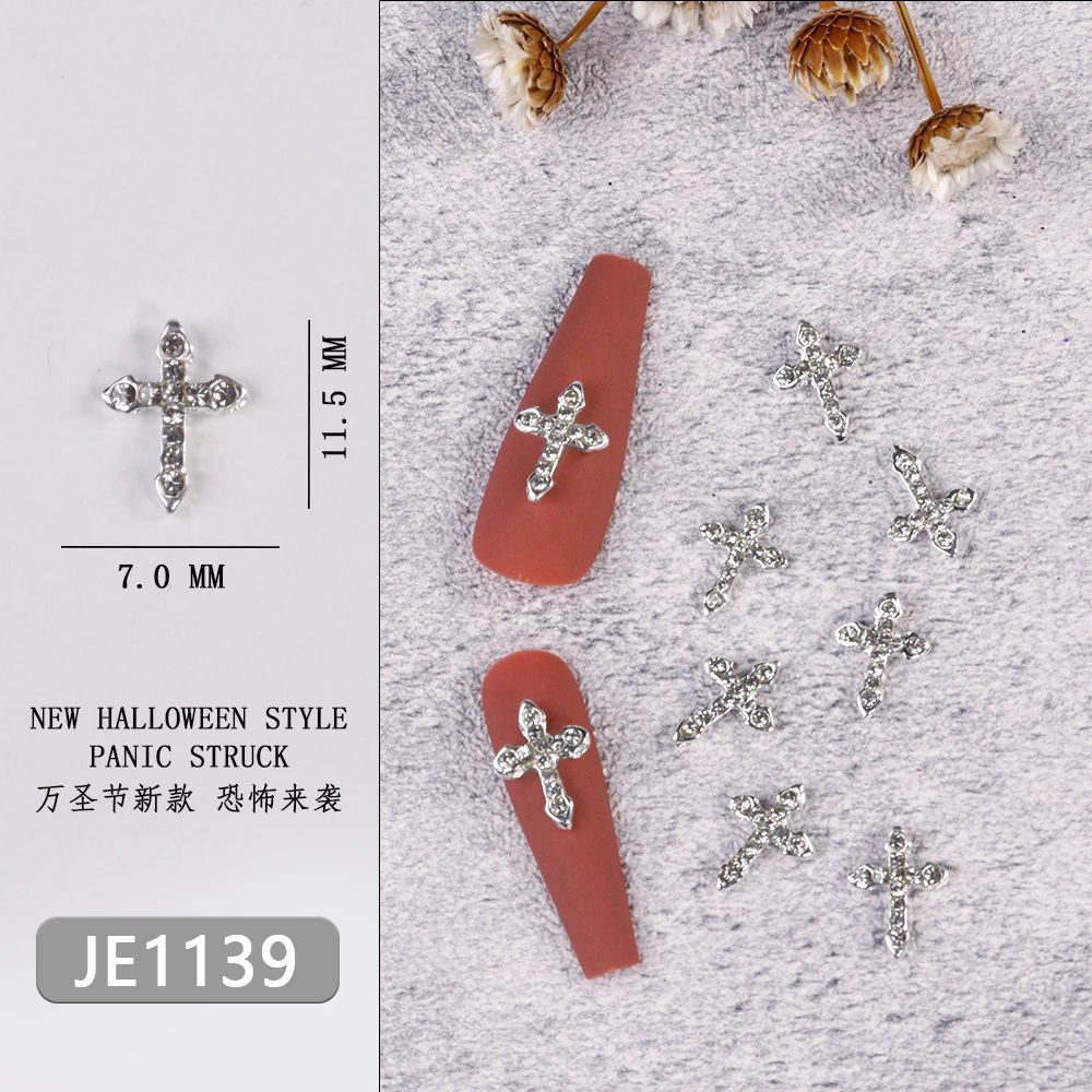 10Pcs Full Glitter Punk Cross Nail Charms 7*11.5cm Silver/Gold Metal Cross Nail Art Decoration 3D Luxury Classic Cross Manicure